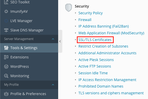 menu ssl certificate